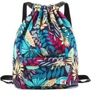 Waterproof Drawstring Bag, Gym Bag Sackpack Sports Beach Backpack for Men Women (02-blue Leaves)