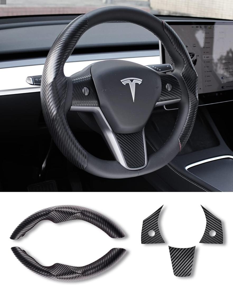 Tesla Model 3/Y Steering Wheel Cover, Carbon Fiber Steering Wheel Wrap Stickers for Tesla Model 3 Model Y 2017-2021 2022 2023 2024 Interior Accessories, Black