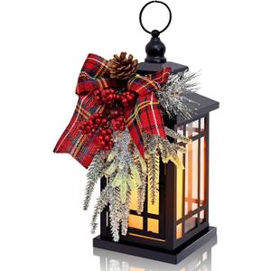 Vintage Candle Lantern with Flameless LED Light - Decorative Indoor & Outdoor Lanterns for Porch - Christmas (RED)