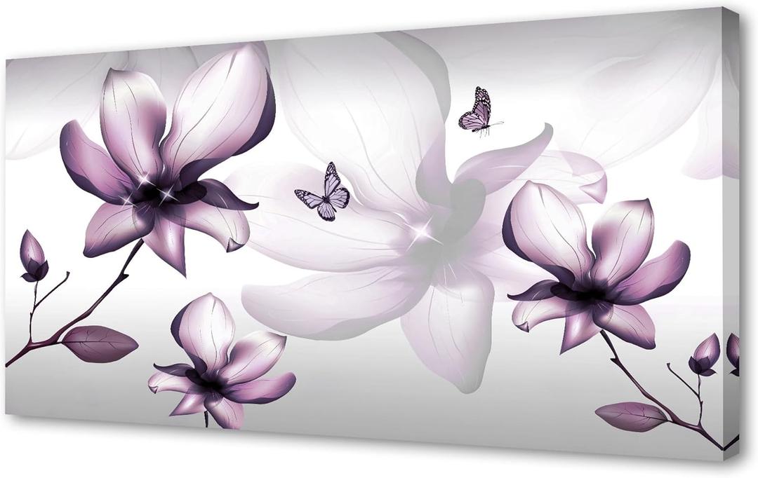 Muolunna BK06550 Purple Magnolia with Butterfly Flower Canvas Wall Art Picture 1 Panel 3D Wallpaper Modern Art Prints Painting for Bedroom Modern Office Wall Decor Artwork (40"L x 20"W)