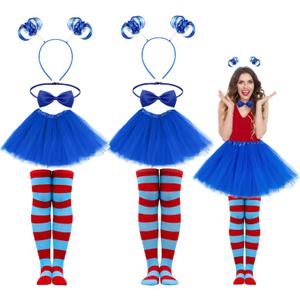 Halloween Costume Accessories Include Womens Tulle Tutu Headband Bow Ties Stretchy Striped Socks for Adults Cosplay (Blue)