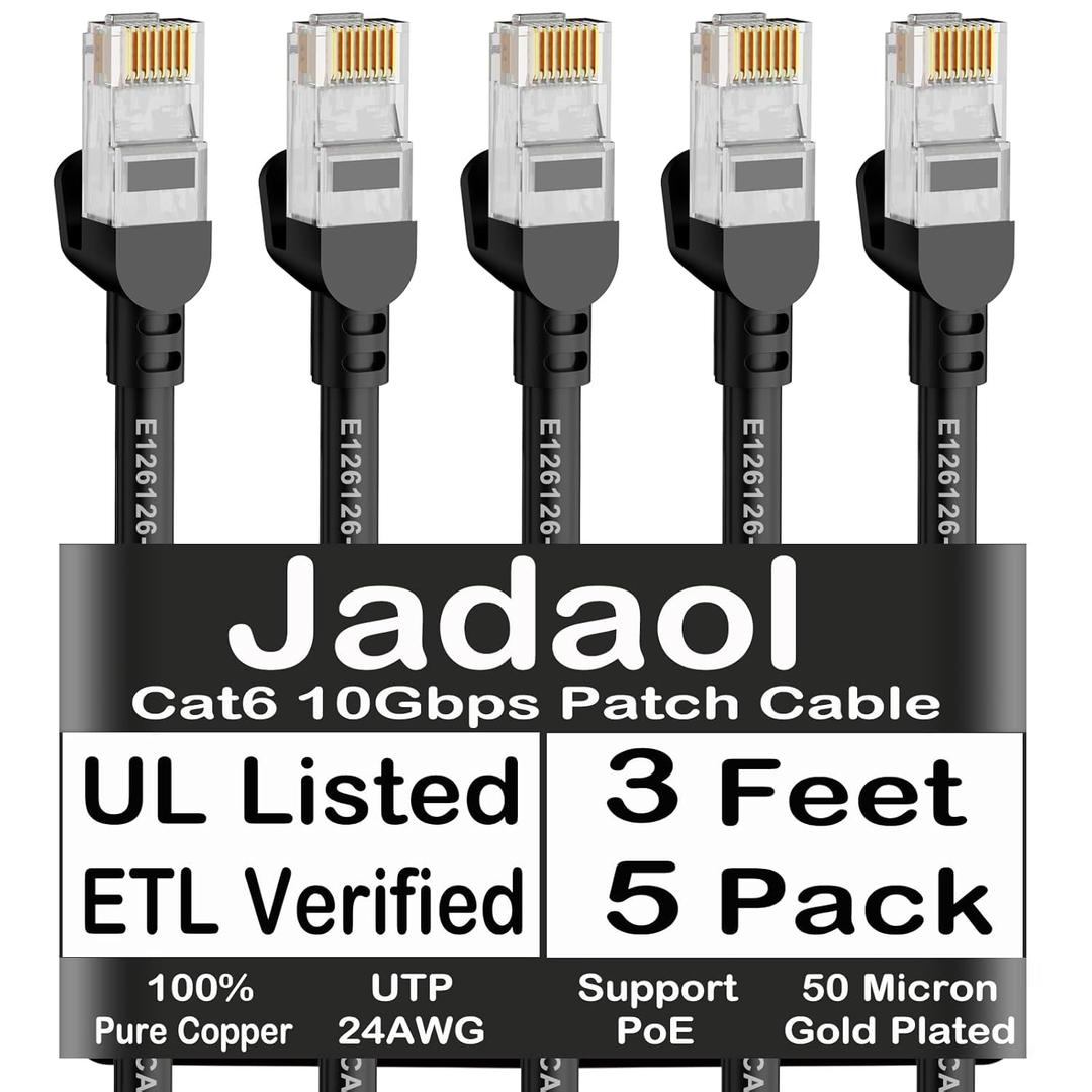 Jadaol Cat6 Ethernet Patch Cables 3ft 5-Pack, 10Gbps 24AWG Pure Copper RJ45 Cat6a Patch Cable, Support Cat8/7 Network, Outdoor&Indoor Rated for Patch Panel to Switch, Server, Router, Modem, PC - Black