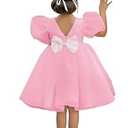 LalaMira Flower Girl Dress Organza Toddler Dresses Puff Sleeve & Bow Bcak Girls Princess Dress for Wedding Birthday Party Blushing Pink-3T