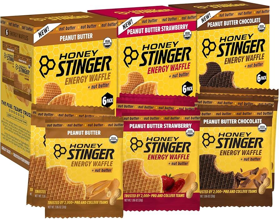 Honey Stinger Organic Peanut Butter Energy Waffle Variety Pack, 6 Pack Each of Peanut Butter, PB Chocolate and PB Strawberry, Nutritious Stroopwafel Snack for Exercise, Endurance and Performance (Exp Date: 06/05/26)