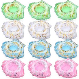 Honeydak 12 Pieces Inflatable Drink Holder Shell Drink Floats Sequin Reusable Inflatable Sea Animal Cup Coasters Pool Cup Holders for Summer Swimming Party Favors Decoration (White,Pink,Blue,Green)