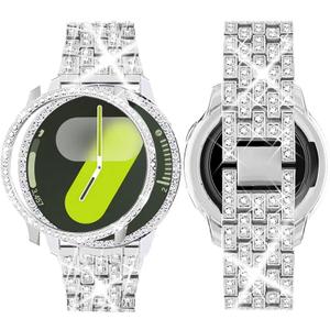 SUPOIX Band with Case Compatible for Samsung Galaxy Watch, Women Bling Replacement Strap & PC Protective Bumper Face Cover for Galaxy Watch, Size: Galaxy Watch 7, 44mm (Silver)