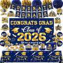 Graduation Decorations 2026 Sky Blue and Gold Class of 2026 Banner Congrats Grad Backdrop Tablecloth Balloons Hanging Swirls Honeycombs Cupcake Toppers Box Pompoms for Graduation Party Decor Supplies