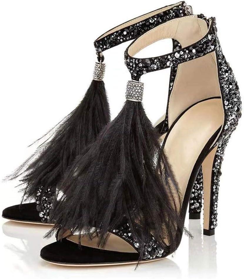 Women's Tassels Rhinestone Heeled Sandals Wedding Dress White Sandals Stiletto Heel Pearl (11, Black)