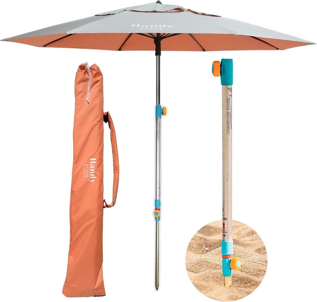Handy Beach Umbrella & Anchor System, Large 7ft Silver Coated UPF 55 Canopy, 10 Second Installation, Wind Resistant, Durable, Lightweight, Comfortable Dual Pocket Bag Included