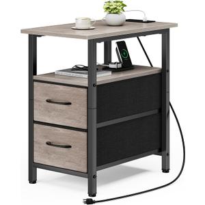 End Table with Charging Station, Narrow Side Table, 23.8'' Tall Nightstand with 2 Fabric Drawers, Small Sofa Side Table Narrow Nightstand for Small Spaces, Living Room, Bedroom, Rustic Grey