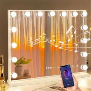 FENCHILIN Vanity Mirror with Lights and Bluetooth Speaker 22.8"x 18.1" Makeup Mirror Lighted Hollywood Mirror with 15 Dimmable LED Bulbs USB Charge Port, 3 Color Lighting Modes