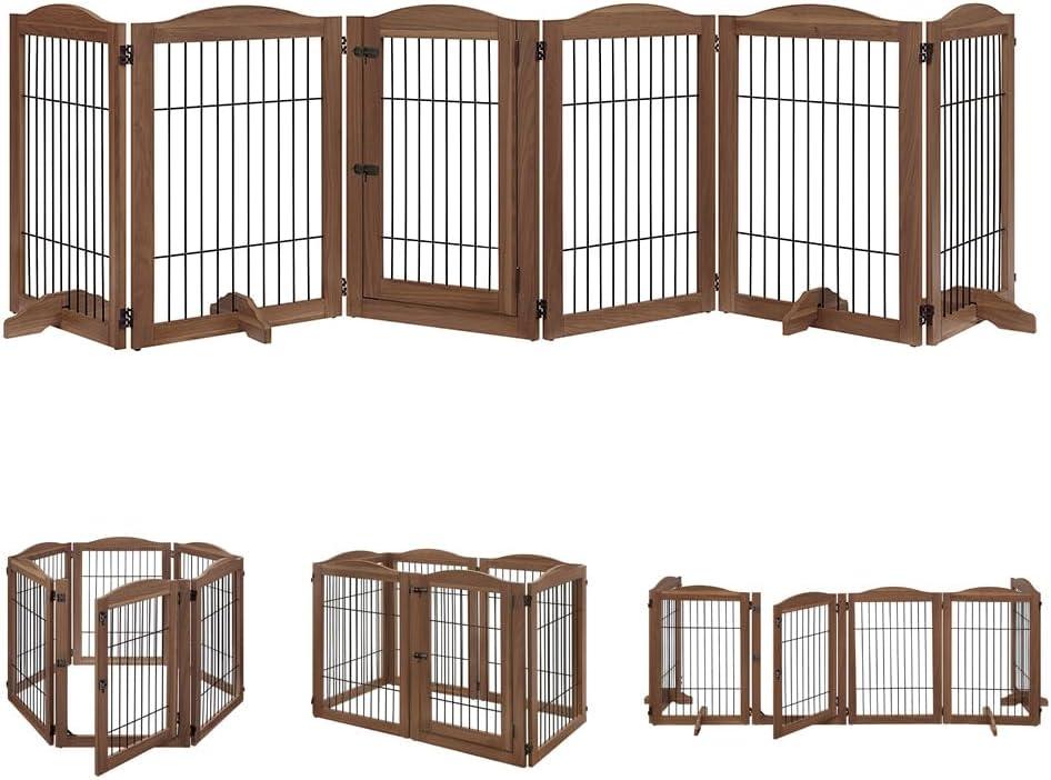 unipaws Pet Playpen with Wood and Wire, 6 Panels Extra Wide Freestanding Walk Through Dog Gate with 4 Support Feet, Foldable Stairs Barrier Pet Exercise Pen for Dogs Cats
