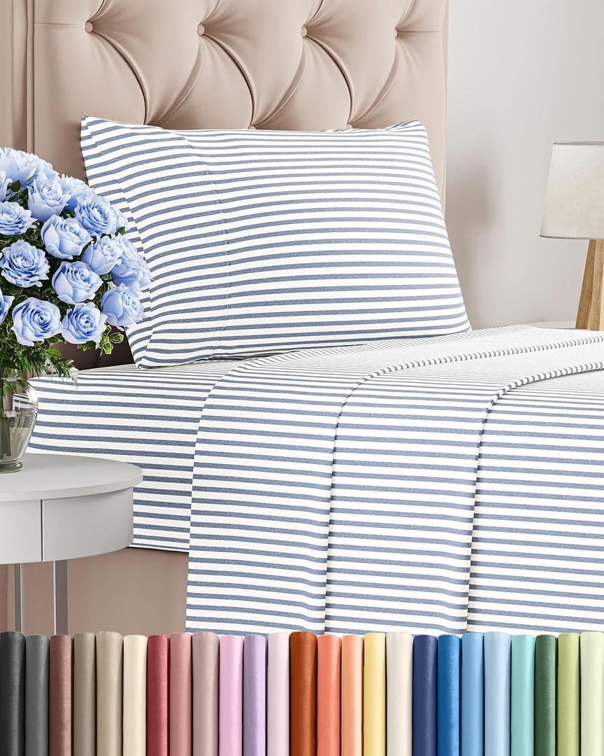 Twin Size 3 Piece Sheet Set - Comfy Breathable & Cooling Sheets - Hotel Luxury Bed Sheets for Women & Men - Deep Pockets, Easy-Fit, Soft and Wrinkle Free Sheets - Blue Stripes Oeko-Tex Bed Sheet Set