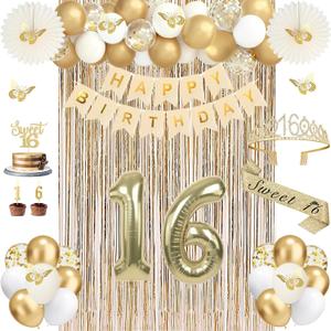 Sweet 16 Party Decorations, Champagne Gold Happy 16th Birthday Decorations for Girls, Sweet16 Sash and Crown, Banner, Fringe Curtains, Hanging Paper Fans, 16 Year Old Party Supplies Set