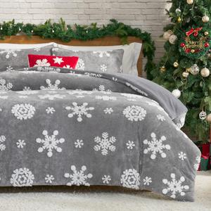 Amlie Home Christmas Comforter Set Queen, Fluffy Fleece Bedding Set with Christmas Snowflake, Grey Plush Comforter for Winter, 3 Pieces, 1 Soft Comforter and 2 Pillow Shams (Queen (90"x90"))