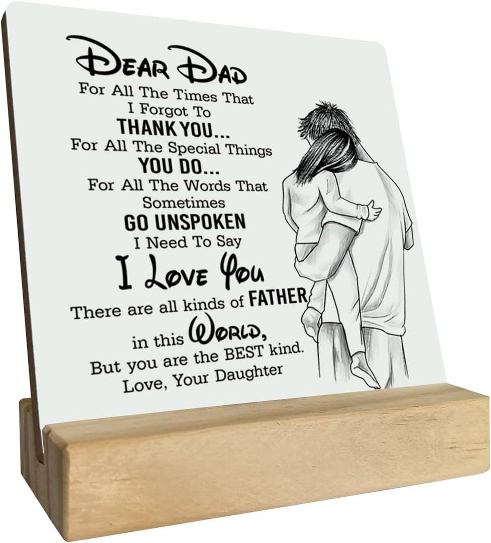 Gifts for Dad from Daughter Wood Plaque Gift, Dear Dad I Love You,Plaque with Wooden Stand, Meaningful Wood Sign Plaque Gift for Dad, Father's Day Christmas Thanksgiving Birthday Gift A1