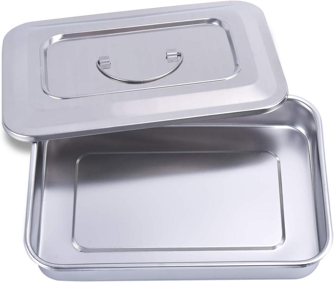 Medical Surgical Trays Stainless Steel Dental Instruments Tray Organizer Holder Sterilization Plate Trays Boxs with Lid & Handle Grip Large