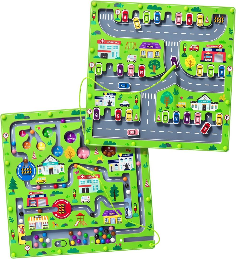 rifamee 2 in 1 Magnetic Color and Number Maze Magnet Alphabet Counting Double Sided Board Wood Puzzle Fine Motor Skills Montessori Preschool Toys Gifts for Boys and Girls 3-5 Age (Big Car, One Size)