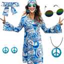 70s Hippie Dress Costumes Necklace Earrings Sunglass Women Disco Outfit, 60s Party Costume, Halloween Retro Dresses (Blue, L)