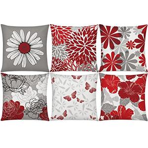 COMMINY Red Grey Pillow Covers 18x18 Set of 6 Decorative Burgundy Daisy Throw Pillow Cover for Couch Modern Farmhouse Cushion Pillow Case for Living Room Patio Home Decor