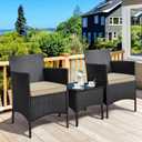 Yaheetech 3 Pieces Patio Conversation Set, Outdoor Rattan Bistro Furniture, 2 Chairs with Cushions & 1 Side Table for Bistro/Porch/Garden/Deck/Courtyard, Black/Khaki