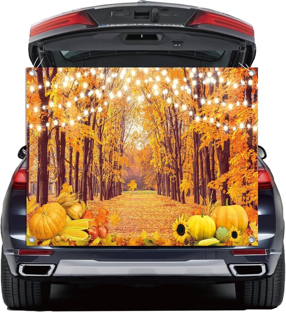 Halloween Trunk or Treat Car Decorations Kit - Autumn Maple Leaves Pumpkin Backdrop Farm Harvest Banner SUV Archway Garage Door Photo Booth Backgrounds Halloween Party Supplies Easy to Assemble