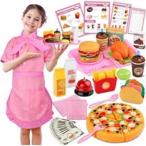 Restaurant Playsets for Kids - Waitress Role Play Costume Set for Girls, 60 Pieces Food Playset with Girls Apron, Diner Playset for Kids, Play Restaurant, Pretend Restaurant Playset for Kids Age 3+