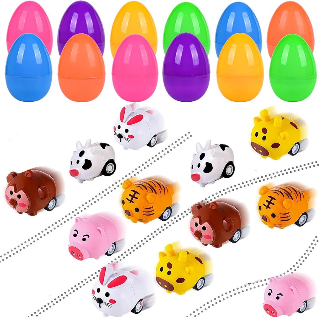 12PCS Easter Eggs Filled with Pull Back Car Toys, Easter Basket Stuffer for Toddler Boy Girl, Plastic Easter Eggs Filler Easter Gift for Kids, Goodie Bag Fillers, Easter Egg Hunt Party Favor