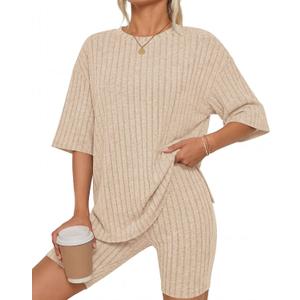 KIRUNDO Short Sets For Women Summer 2 Piece Matching Lounge Sets Casual Rib Knit Tshirts Biker Shorts Beach Vacation Outfits Medium
