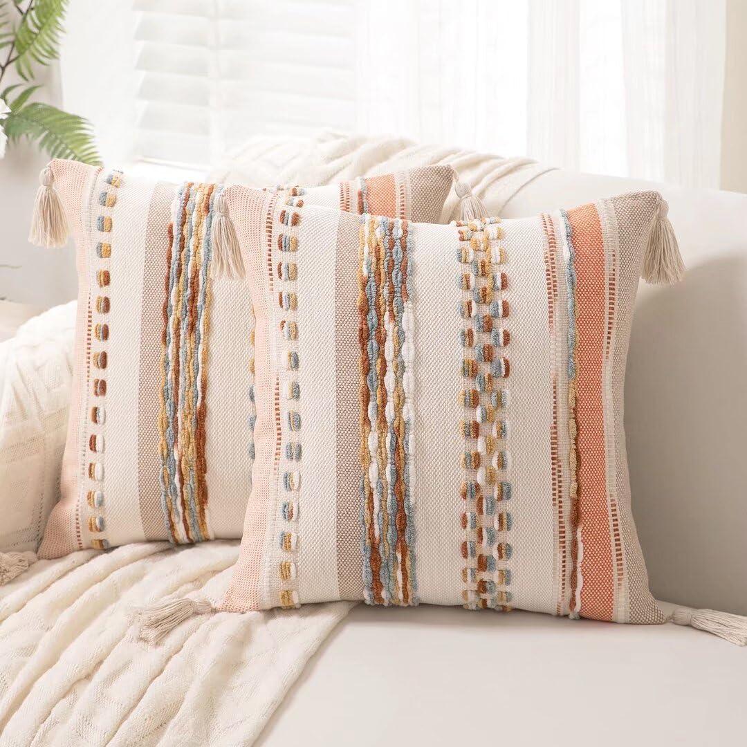 Boho Throw Pillow Covers 18x18 Set of 2 Woven Tufted Farmhouse Pillows Cover with Tassels Textured Striped Cushion Case Neutral Pillow Cases Decorative Pillowcase for Sofa Couch Bed,Orange