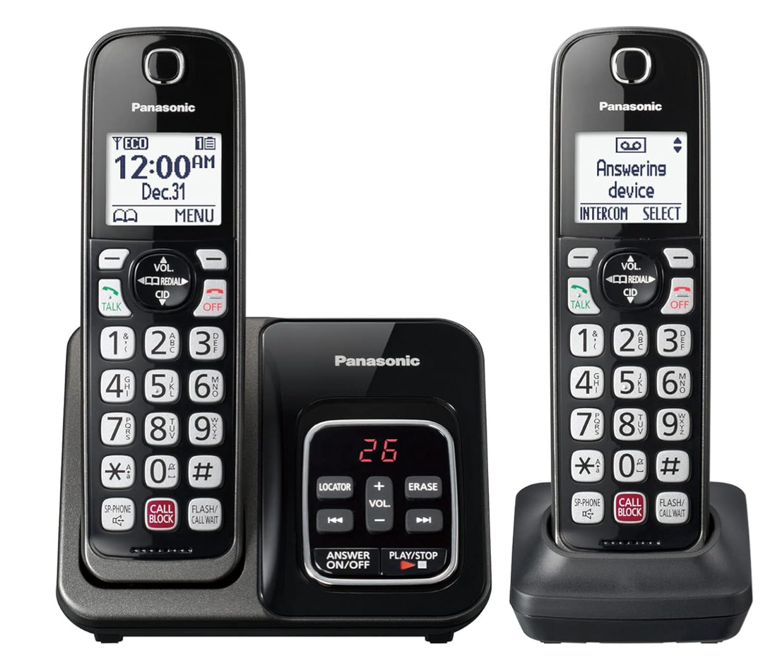 Panasonic Cordless Phone with Answering Machine, Advanced Call Block, Bilingual Caller ID and HighContrast Display, Expandable System with 2 Handset Cordless Telephones  KXTGD832M (Metallic Black)