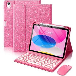 Hamile for iPad A16 Case with Keyboard - Mouse Backlit Wireless Detachable Keyboard Glitter Folio Cover with Pencil Holder for iPad 11th Gen A16 11-inch 2025 10th Generation 10.9 Inch 2022 - Pink