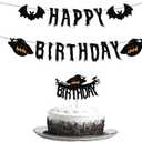 3 x Halloween Birthday Banner and Cake Hat, Halloween Horror Theme Birthday Party Decorations Supplies, Black Glittery Horror Banner Used for Party Decorations