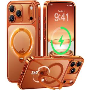 CASEKOO Cosmic Orange Glossy Designed for iPhone 17 Pro Case [360 Spin Magnetic Stand] [Fit for MagSafe][17FT Military Protection] Slim Polished Clear for iPhone 17 Pro Case with Stand, Cosmic Orange