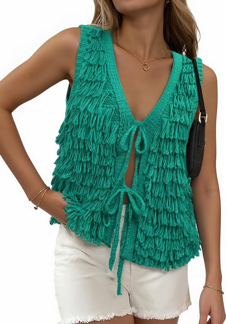 Messic Fall Sweater Vest Oversized Sleeveless Sweater Tie Front Knit Tops M