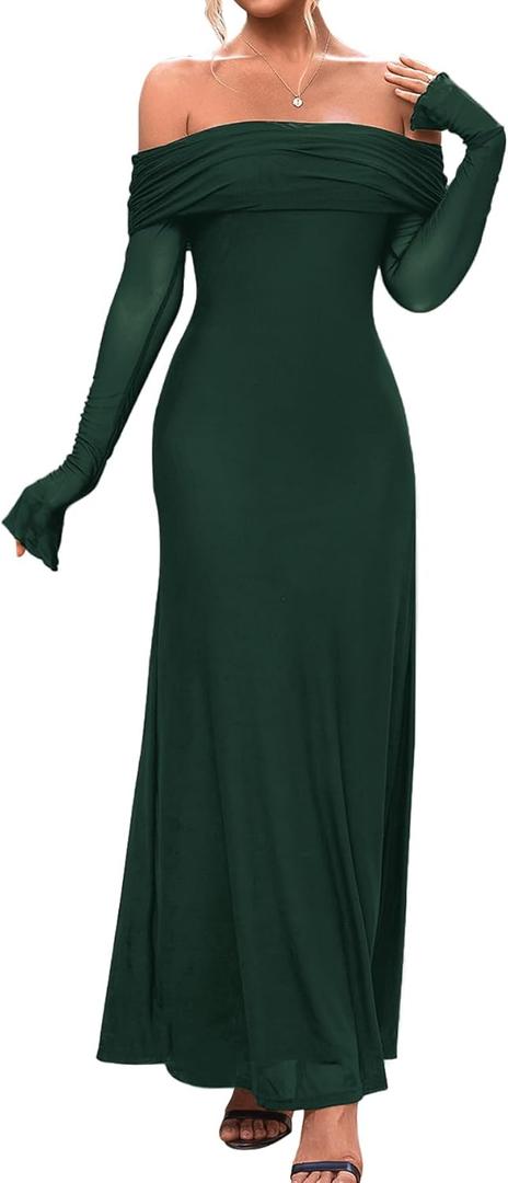 KUTUMAI Women Off Shoulder Bodycon Maxi Dress Long Sleeve Mesh Ruched Party Formal Wedding Guest Dresses (Large, Dark Green)