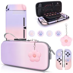 DLseego Pink and Purple Switch Case Set Gradient Carrying Case with 10 Slots Cute Protective Dockable Hard Shell with 4PCS Glitter Cat Paw Thumb Grips Caps and 1PC Flower Blossom Chain For Switch 2017