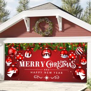 ontigola Christmas Garage Door Banner Decorations 7 x 16 ft Happy New Year Decorations Christmas Red Ball Winter Large Door Cover Decoration Outdoor Holiday Decoration