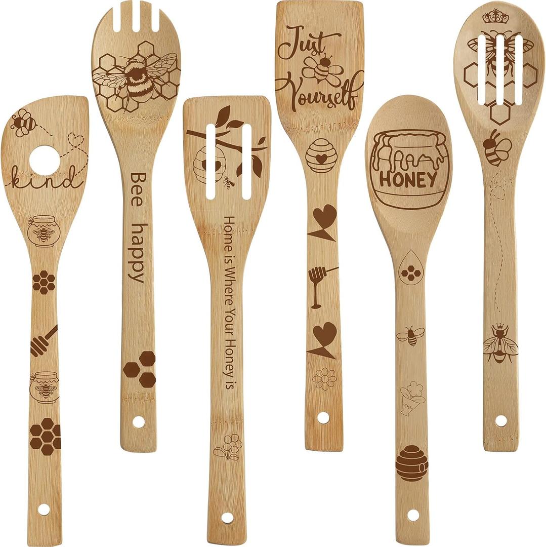 Sawysine 6 Pcs Bee Wooden Spoons Set Honey Bee Themed Cooking Utensil Honey themed Cooking Baking Spoon Kitchen Decoration for Wedding Bridal Shower Housewarming Gift