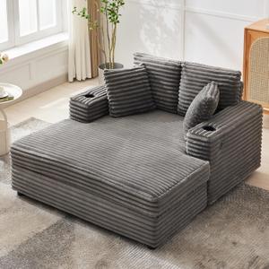 GarveeHome 60-inch Oversized Chaise Lounge Chair Indoor, Comfy Corduroy Lounge Sofa with Charging Station, Cup Holders & Throw Pillows, Cozy Sleeper Couch for Living Room Apartments, Grey