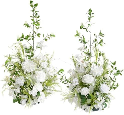 Ling's Moment 41.0" Tall Free-Standing Wedding Aisle Artificial Flowers for Ceremony Decor, 2PCS White Walkway Floral Chair Markers, Faux Rose Altar Arch Arrangement Spring Decorations Outdoor