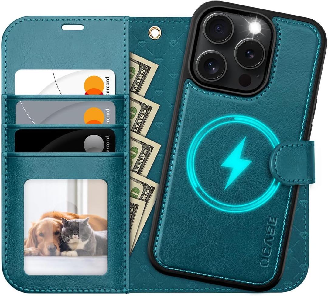 OCASE for iPhone 16 Pro Case Detachable Wallet Case with Card Holder, 2 in 1 Pu Leather Flip Folio with RFID Blocking Stand Wrist Strap Shockproof Phone Cover 6.3 Inch 2024, Blackish Green