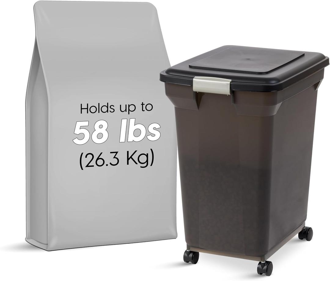 IRIS USA WeatherPro Airtight Dog Food Storage Container, Up to 58 lbs, Attachable Wheels, For Dog Cat Bird and Other Pet Food Storage Bin, Keep Fresh, Easy Mobility, BPA Free, Smoke (Smoke/Black)