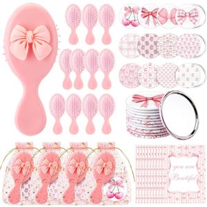 48 Pcs Gifts for Mother's Day Bow Party Favors Bow Mini Hair Brush and Little Compact Mirror with Inspirational Cards for Women Mom Girls Princess Coquette Party Favors(Cute,Pink)