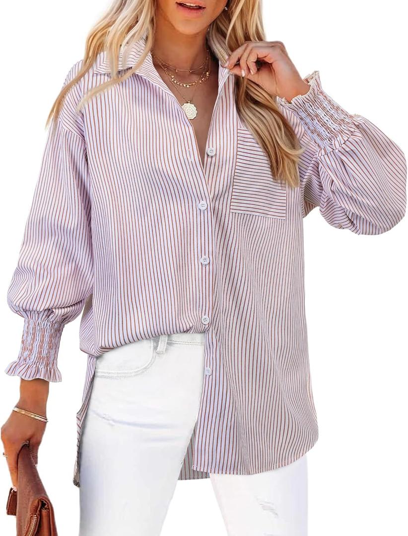 Gleeivy Womens Oversized Button Down Shirts Striped Smocked Cuff Long Sleeve Fall Blouses with Pocket Casual Collar Work Tops (X-Large)