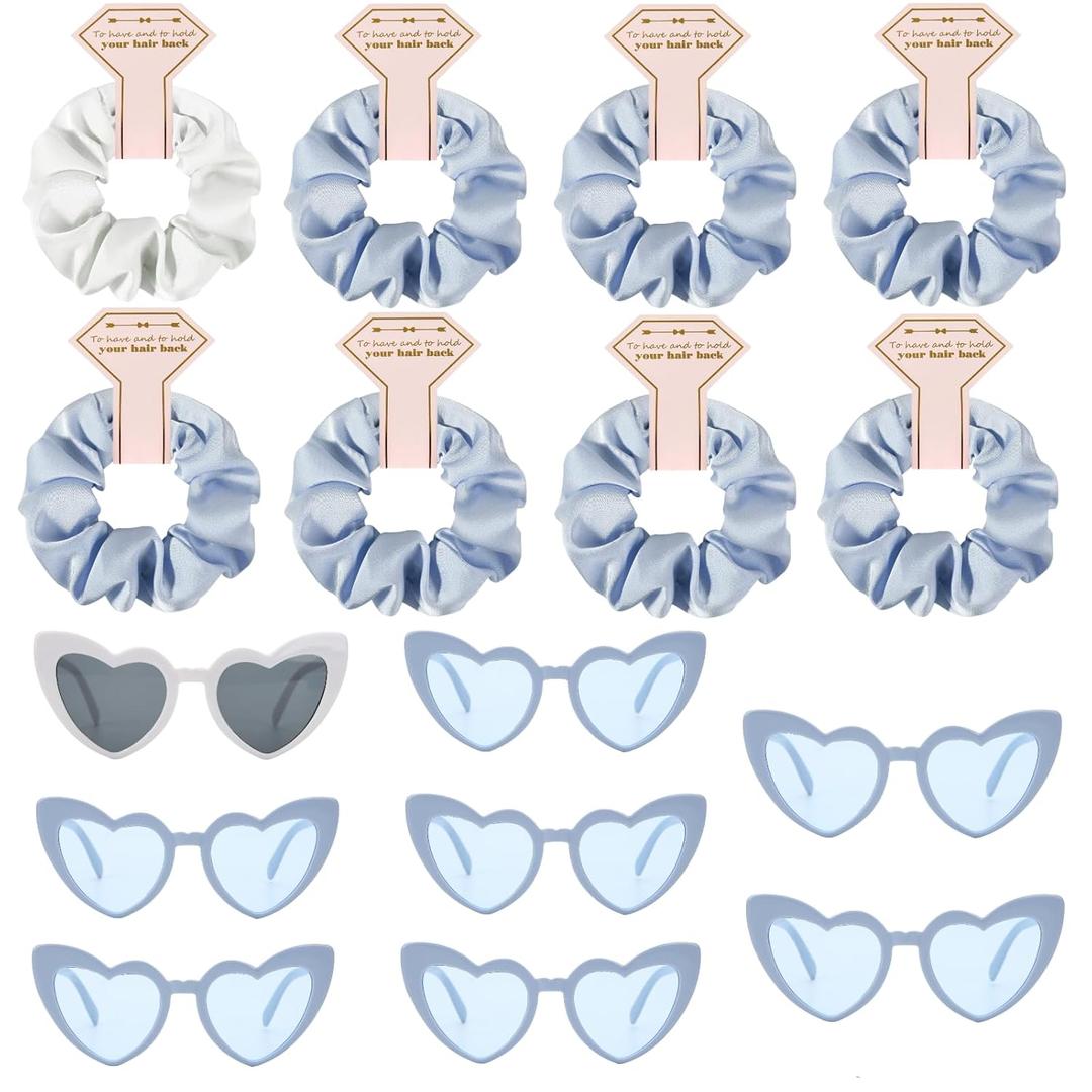 Satin Bridesmaid Scrunchies Bachelorette Hair Ties Set of 6 sunglasses Bridal Shower No Damage Hairties ideas Gift for Wedding Party Favors Bridesmaid Proposal Gifts (8sets White & Dusty Blue)