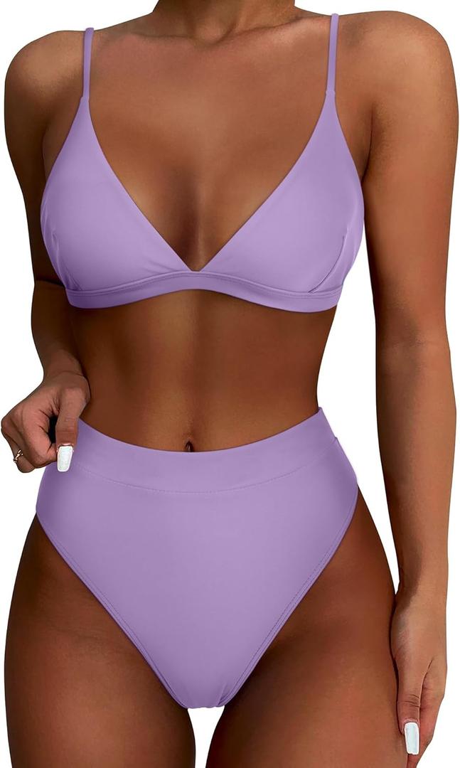 SUUKSESS Women High Waisted High Cut Bikini Sets Sexy Triangle Two Piece Swimsuits Push Up Bathing Suits (Light Purple, XL)