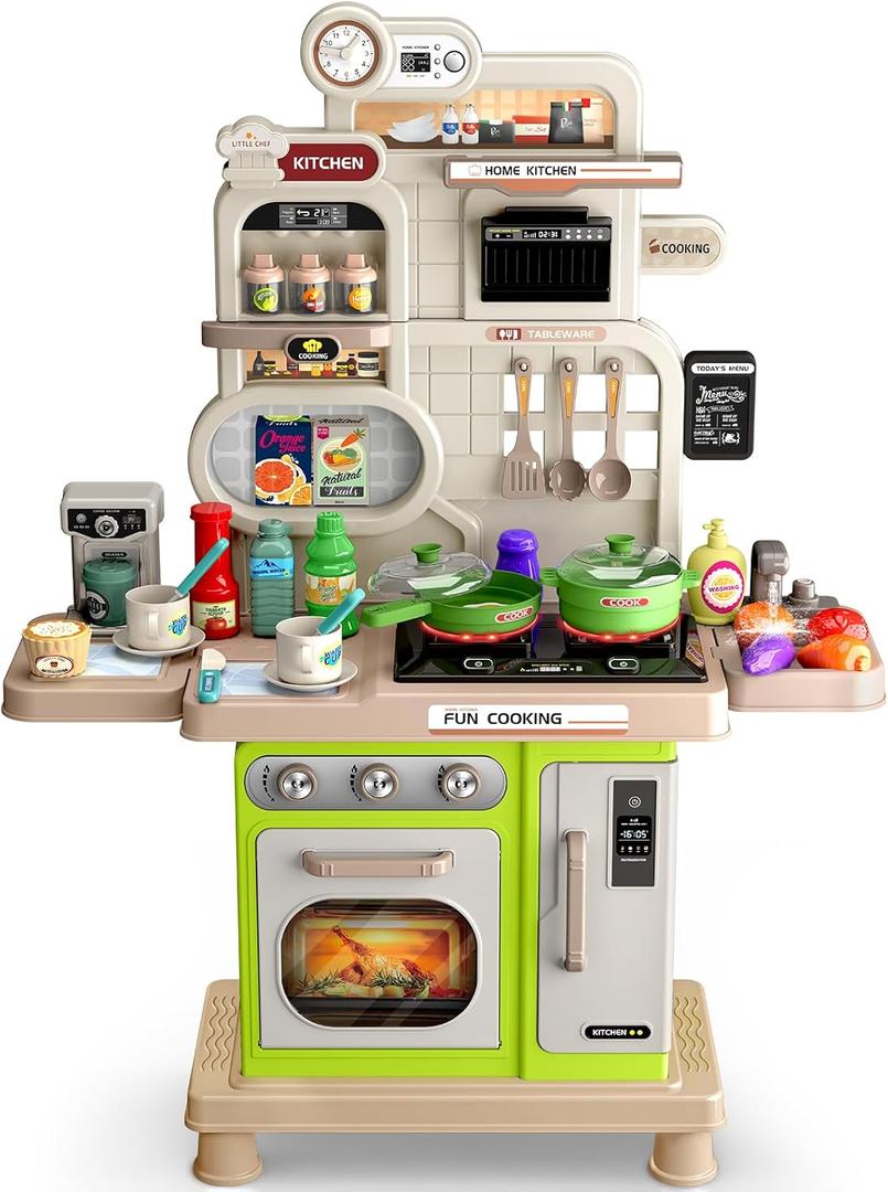 Play Kitchen Set, Kids Kitchen Playset with Realistic Sound & Light, Cooking Stove, Sink, Play Food and Accessories, 57 Pcs Kitchen Toys Gifts for Toddlers 24 35 Boys Girls (Green)