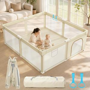 Foldable Baby Playpen, 79x71 Inch Extra Large Collapsible Play Yard, Beige