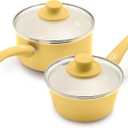 GreenLife Soft Grip 1QT and 2QT Saucepan Set, Healthy Ceramic Nonstick, Non Toxic PFAS & PFOA-Free, Dishwasher Safe, Glass Lids, Stay-Cool Handles, Easy Clean Cookware, Kitchen Essentials, Yellow